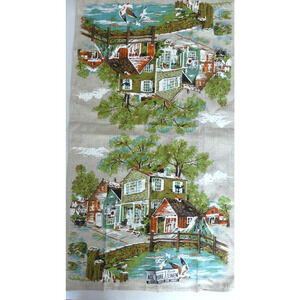 Vintage Parisian Prints Linen Tea Kitchen Towel Country Town Pond Bright w/Tags